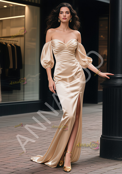 Satin Champagne Trumpet Mermaid Sweetheart Prom Dress With Slit