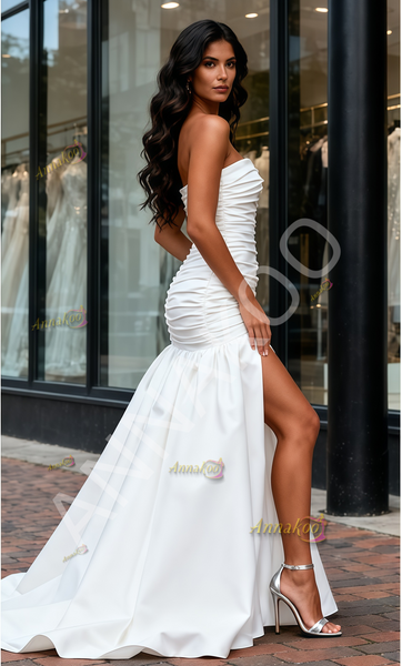 Shop 2025 ANNAKOO Strapless Satin Trumpet Mermaid Ruched Wedding Dress With Slit Under 199