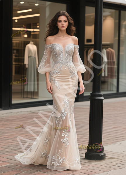 Shop 2025 ANNAKOO Champange Off The Shoulder Long Sleeves Appliques Beading Wedding Dress Under 399