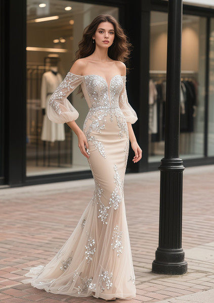 Shop 2025 ANNAKOO Champange Off The Shoulder Long Sleeves Appliques Beading Wedding Dress Under 399