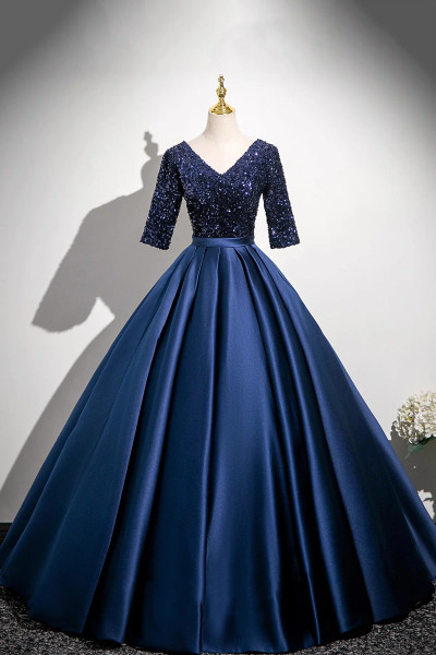 Shop 2025 ANNAKOO Navy Satin Sequins Half Sleeves Long Prom Dress Under 178