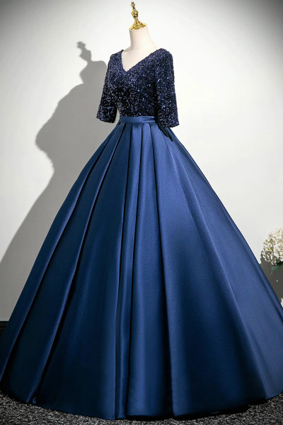 Shop 2025 ANNAKOO Navy Satin Sequins Half Sleeves Long Prom Dress Under 178
