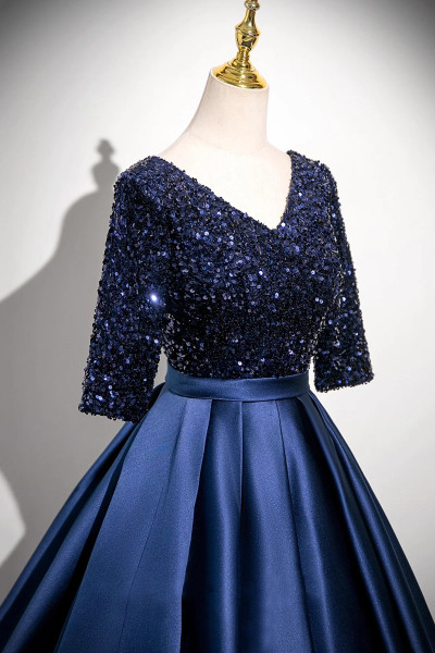 Shop 2025 ANNAKOO Navy Satin Sequins Half Sleeves Long Prom Dress Under 178