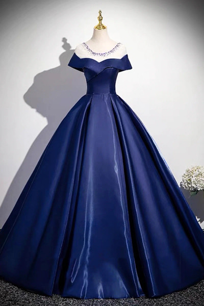 Shop 2025 ANNAKOO Navy Satin Sequins Half Sleeves Long Prom Dress Under 165