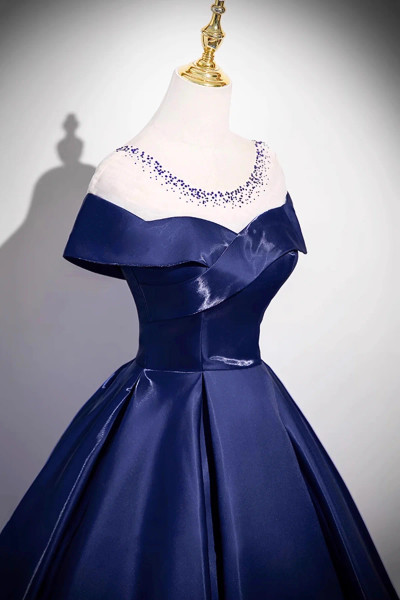 Shop 2025 ANNAKOO Navy Satin Sequins Half Sleeves Long Prom Dress Under 165