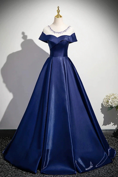 Shop 2025 ANNAKOO Navy Satin Sequins Half Sleeves Long Prom Dress Under 165