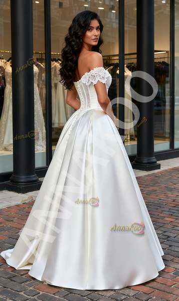 Shop 2025 ANNAKOO Off The Shoulder Lace Beading A Line Satin Wedding Dress Under 259