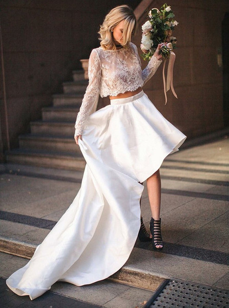 Lace Top High Low Satin Two Piece Bateau Wedding Dress