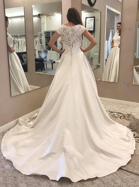 Lace Pockets A-Line Round Neck Satin Wedding Dress