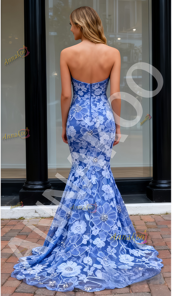 Shop 2025 ANNAKOO Blue Lace Beading Strapless Trumpet Mermaid Prom Dress Under 249