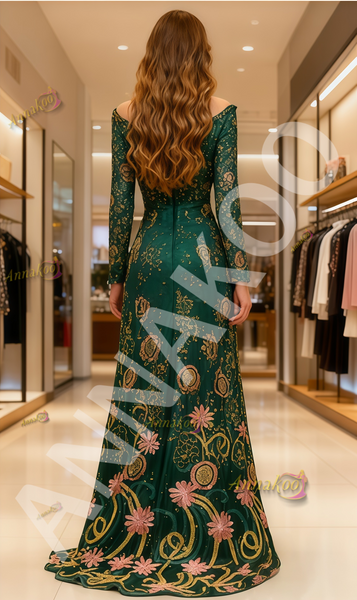 Shop 2025 ANNAKOO Long Sleeve Off The Shoulder Green Embroidery Flower Prom Dress Under 189