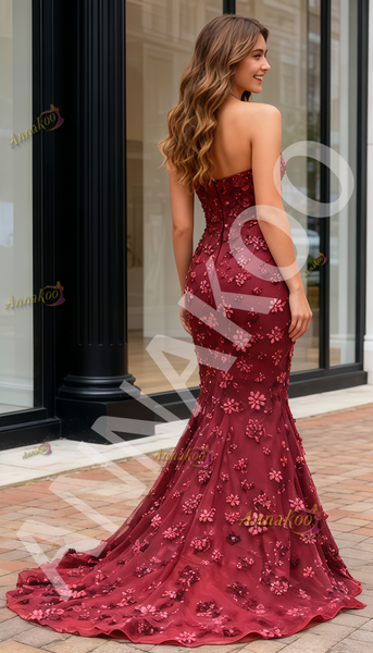 Shop 2025 ANNAKOO Red Lace Beading Flower Strapless Trumpet Mermaid Prom Dress Under 249
