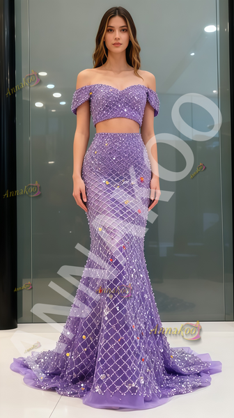 Shop 2025 ANNAKOO Beading Two Piece Purple Off The Shoulder Prom Dress Under 259