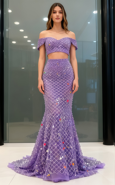 Shop 2025 ANNAKOO Beading Two Piece Purple Off The Shoulder Prom Dress Under 259