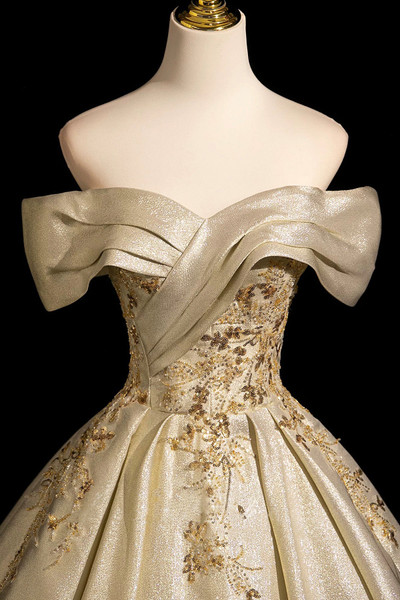 Shop 2025 ANNAKOO Ball Gown Off The Shoulder Appliques Gold Prom Dress Under 179