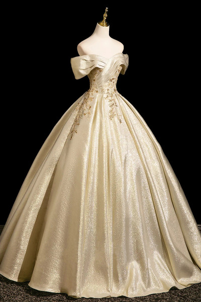 Ball Gown Off The Shoulder Appliques Gold Prom Dress 