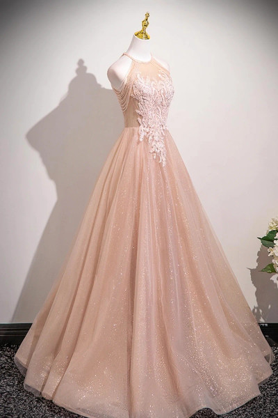 Shop 2025 ANNAKOO Pink Tulle Halter A Line Beading Long Prom Dress Under 173