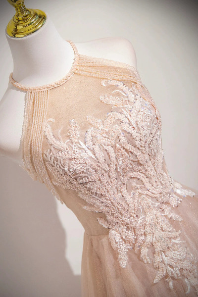 Shop 2025 ANNAKOO Pink Tulle Halter A Line Beading Long Prom Dress Under 173