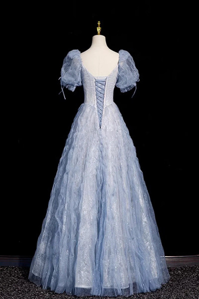 Shop 2025 ANNAKOO Blue Tulle Beads Sweetheart A Line Puffy Sleeves Prom Dress Under 189