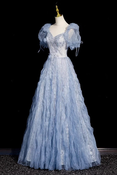 Shop 2025 ANNAKOO Blue Tulle Beads Sweetheart A Line Puffy Sleeves Prom Dress Under 189