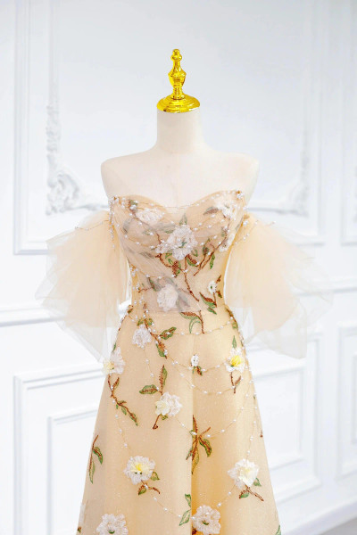 Shop 2025 ANNAKOO Champagne Tulle Floral A Line Off The Shoulder Prom Dress Under 179