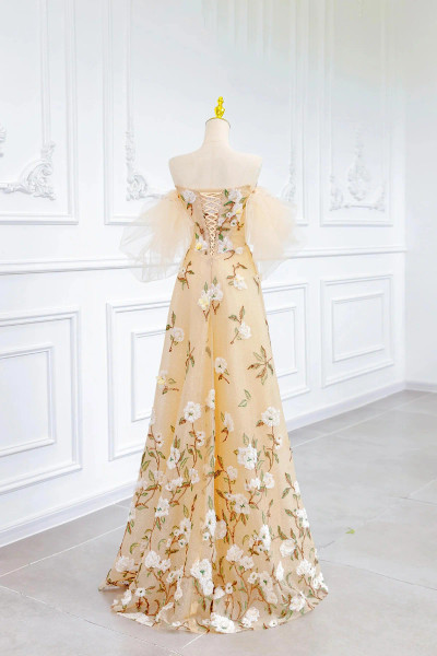 Shop 2025 ANNAKOO Champagne Tulle Floral A Line Off The Shoulder Prom Dress Under 179