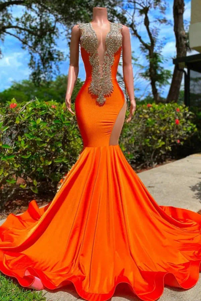 Shop 2025 ANNAKOO Mermaid Backless Beads Orange Long Sleeves Prom Dress  Under 228
