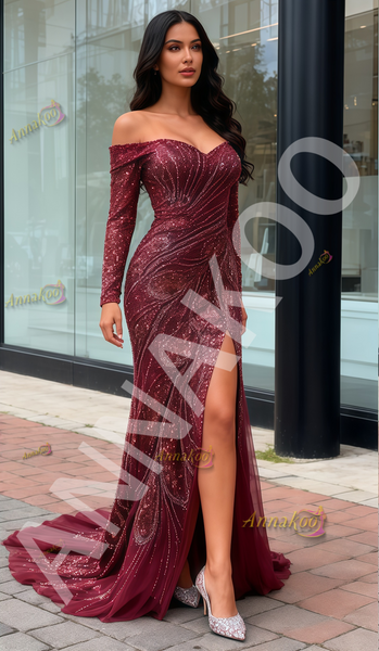 Shop 2025 ANNAKOO Burgundy Off The Shoulder Sequin Trumpet Mermaid Prom Dress Under 189