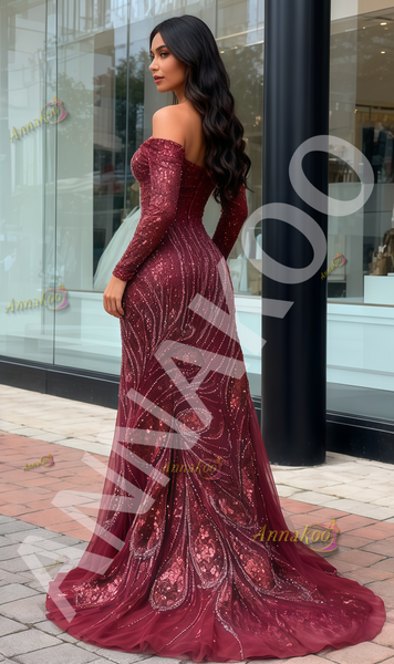 Shop 2025 ANNAKOO Burgundy Off The Shoulder Sequin Trumpet Mermaid Prom Dress Under 189