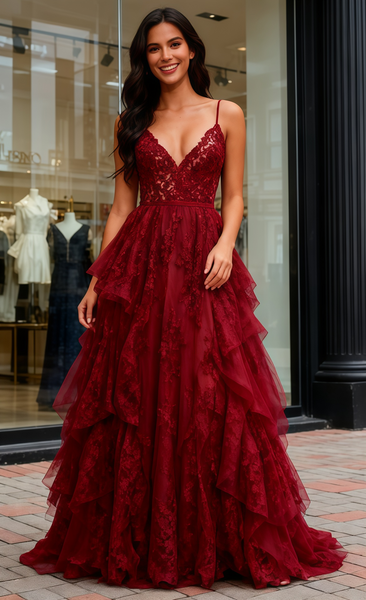 Shop 2025 ANNAKOO Spaghetti Straps Lace Layers Burgundy A Line Prom Dress Under 179