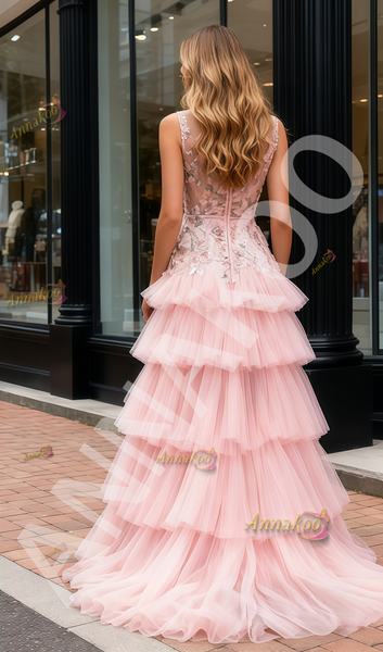 Shop 2025 ANNAKOO Pink V Neck Flowers Layers A Line Prom Dress With Slit Under 299