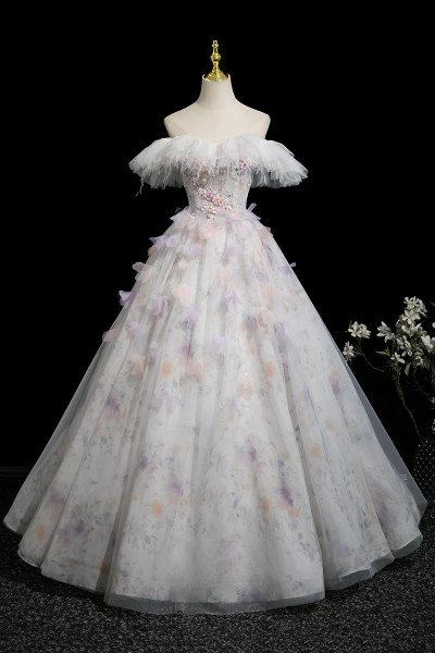 Shop 2025 ANNAKOO Floral Print Off the Shoulder Flower Tulle A Line Prom Dress Under 189