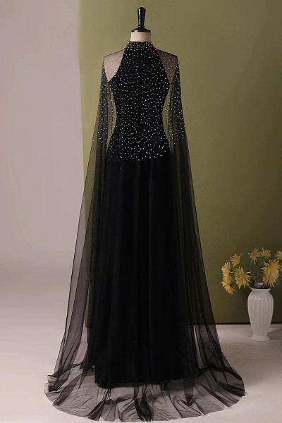 Shop 2025 ANNAKOO Black Halter Beading A Line Evening Dress with Cape Under 159
