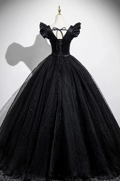 Shop 2025 ANNAKOO Black Satin Tulle Long Puffy Sleeves Prom Dress Under 149