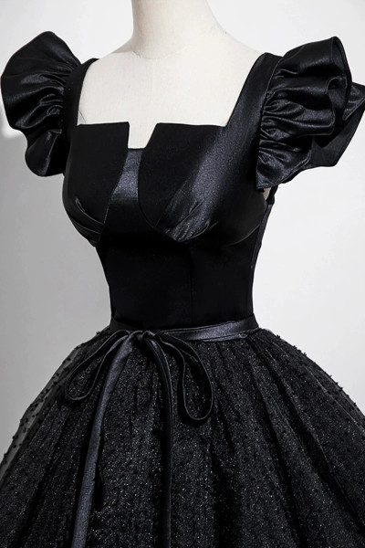 Shop 2025 ANNAKOO Black Satin Tulle Long Puffy Sleeves Prom Dress Under 149