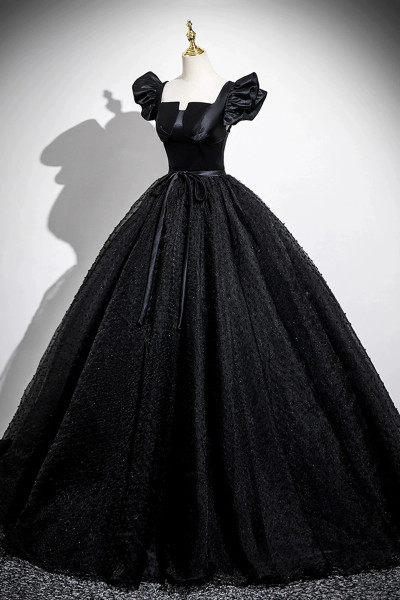 Shop 2025 ANNAKOO Black Satin Tulle Long Puffy Sleeves Prom Dress Under 149