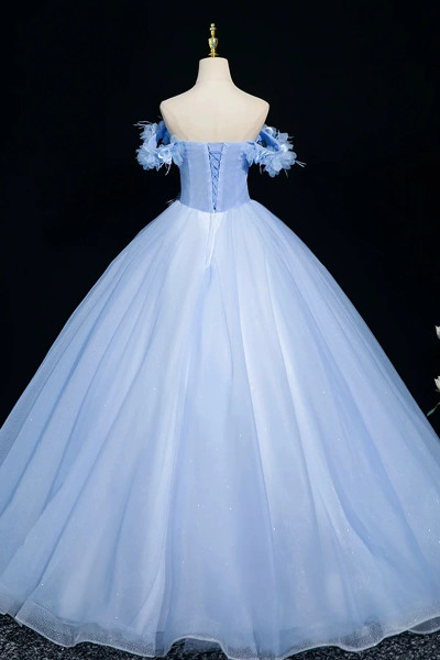 Shop 2025 ANNAKOO Blue Tulle Lace Long Floral Off The Shoulder Prom Dress Under 179