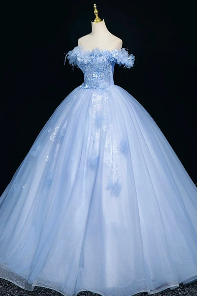 Shop 2025 ANNAKOO Blue Tulle Lace Long Floral Off The Shoulder Prom Dress Under 179