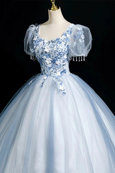 Shop 2025 ANNAKOO Blue Tulle Lace Short Sleeve A Line Prom Dress Under 189