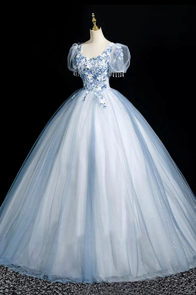 Shop 2025 ANNAKOO Blue Tulle Lace Short Sleeve A Line Prom Dress Under 189