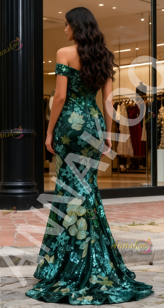 Shop 2025 ANNAKOO Green Off The Shoulder Sequin Print Mermaid Prom Dress Under 259