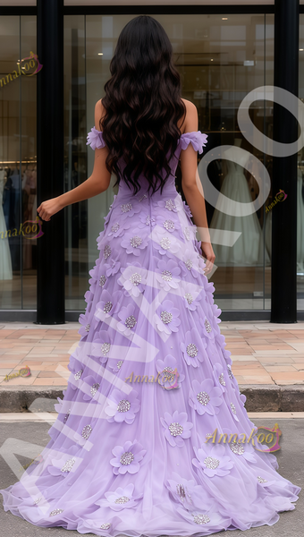 Shop 2025 ANNAKOO Purple Off The Shoulder A Line Floral Beading Prom Dress Under 279