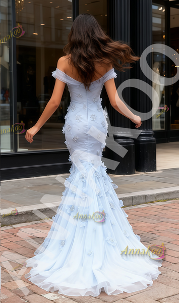 Shop 2025 ANNAKOO Off The Shoulder Blue Flower Beading Tulle Mermaid Prom Dress Under 279