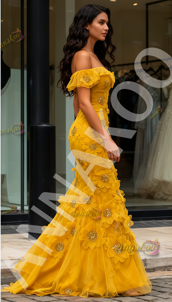 Shop 2025 ANNAKOO Yellow Off The Shoulder Tulle Flower Mermaid Prom Dress Under 279