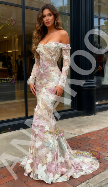 Shop 2025 ANNAKOO Off The Shoulder Sequin Floral Long Sleeve Mermaid Prom Dress Under 279