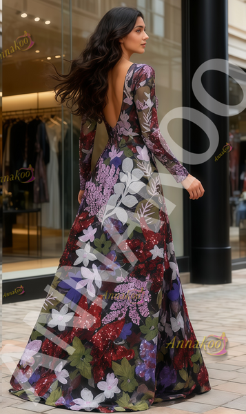 Shop 2025 ANNAKOO Long Sleeve A Line V Neck Floral Sequin Prom Dress Under 279