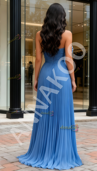 Shop 2025 ANNAKOO Flower A Line Blue Ruffles Sweetheart Chiffon Pleats Prom Dress Under 229