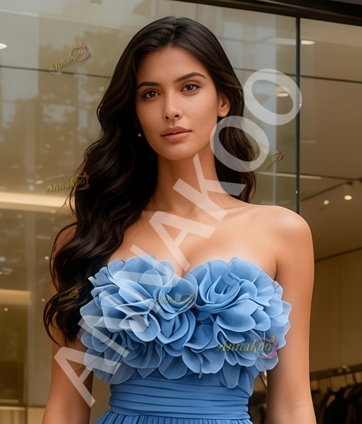 Shop 2025 ANNAKOO Flower A Line Blue Ruffles Sweetheart Chiffon Pleats Prom Dress Under 229