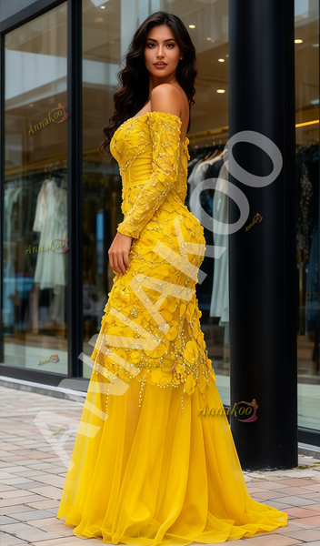 Shop 2025 ANNAKOO Yellow Sweetheart Long Sleeve Trumpet Mermaid Prom Dress Under 298