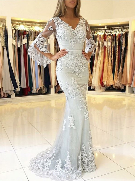 Long Sleeve Mermaid V-neck Gray Lace Prom Evening Dress